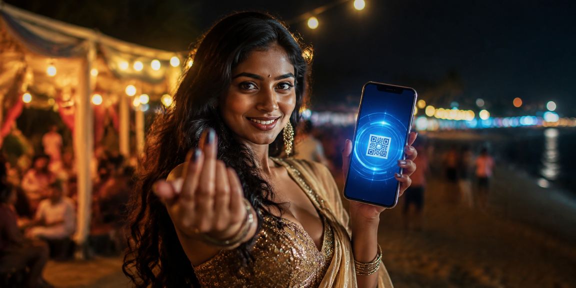 Mobile payment on beach in India illustrating online gaming